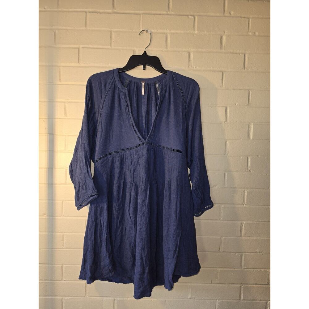 Free People Go Lightly Deep V-Neck Swing Mini Dress Blue Size XS